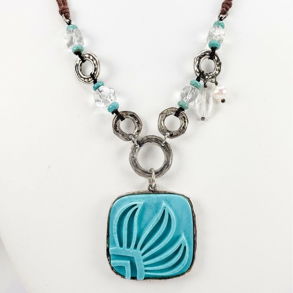 Silpada Necklace Sterling Silver 19.5in Blue Carved Turquoise Pendant Mixed Bead